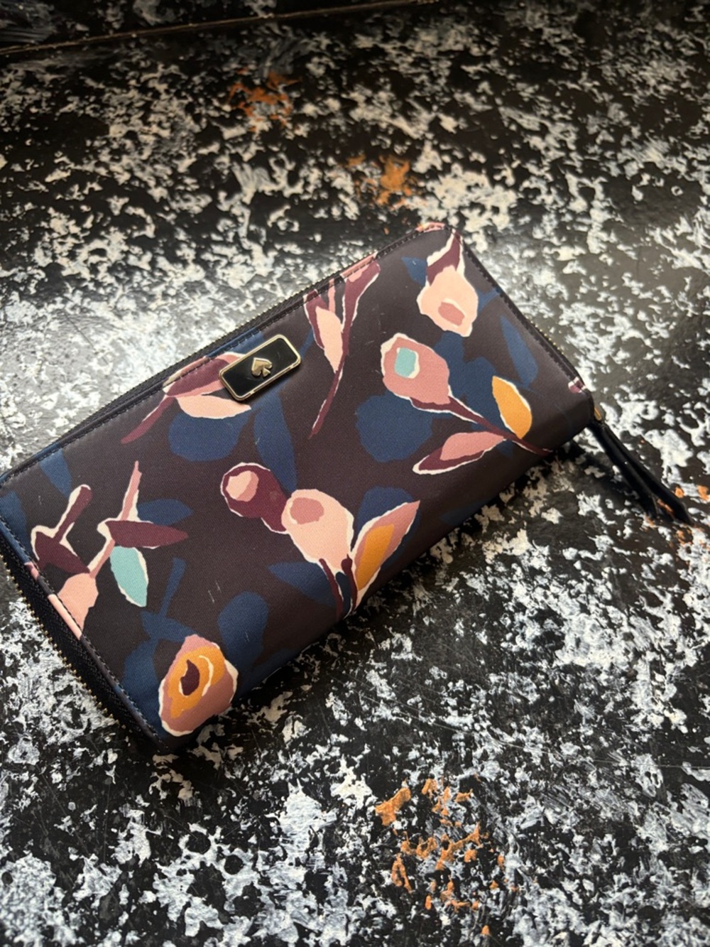 kate spade Floral Zip Wallet in Black with Pink, Blue and Yellow Accents